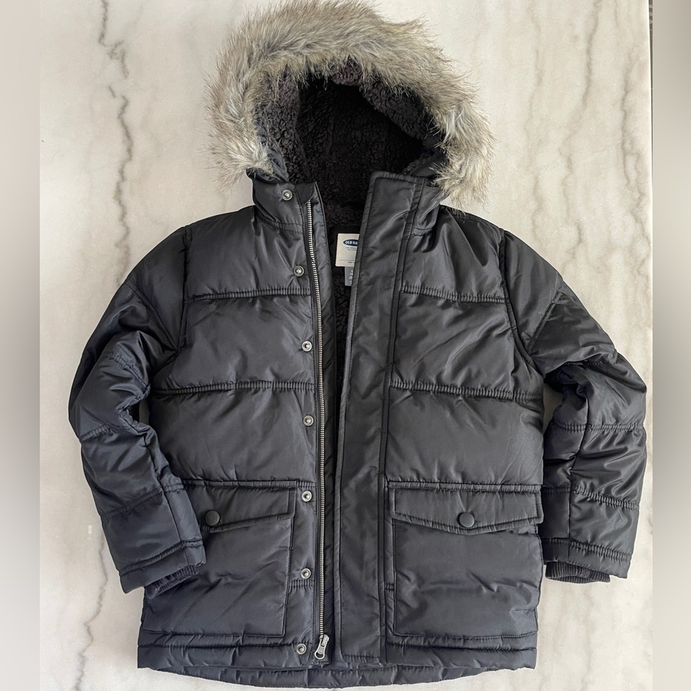 Old Navy Puffer Jacket Black Faux Fur Hood Zip Up Small 6/7 Sherpa Boys Raincoat